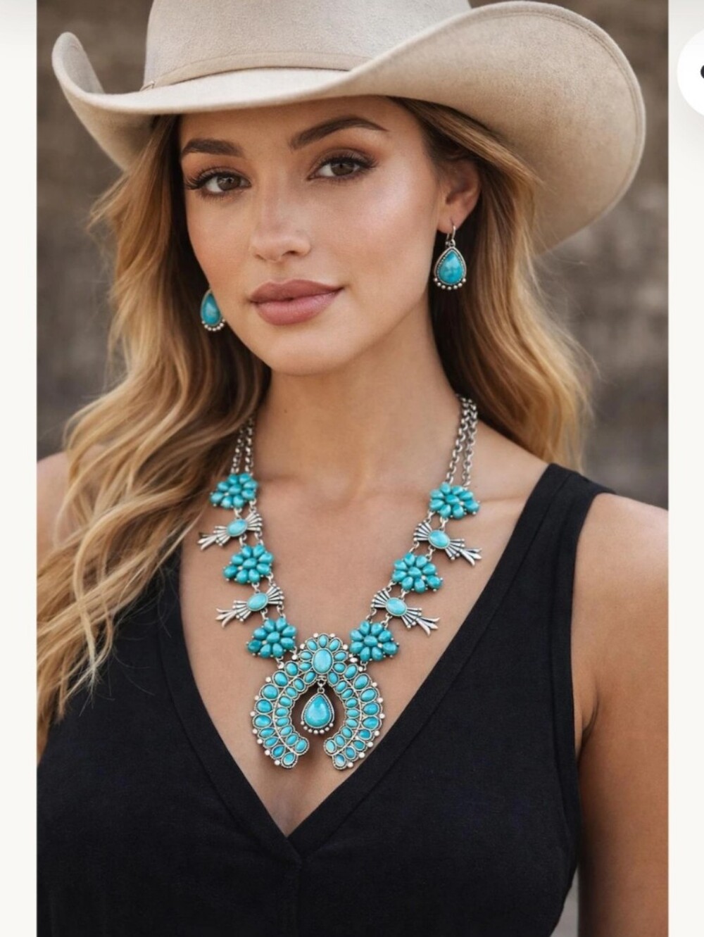 Turquoise Style Squash Blossom Necklace & Earrings Set